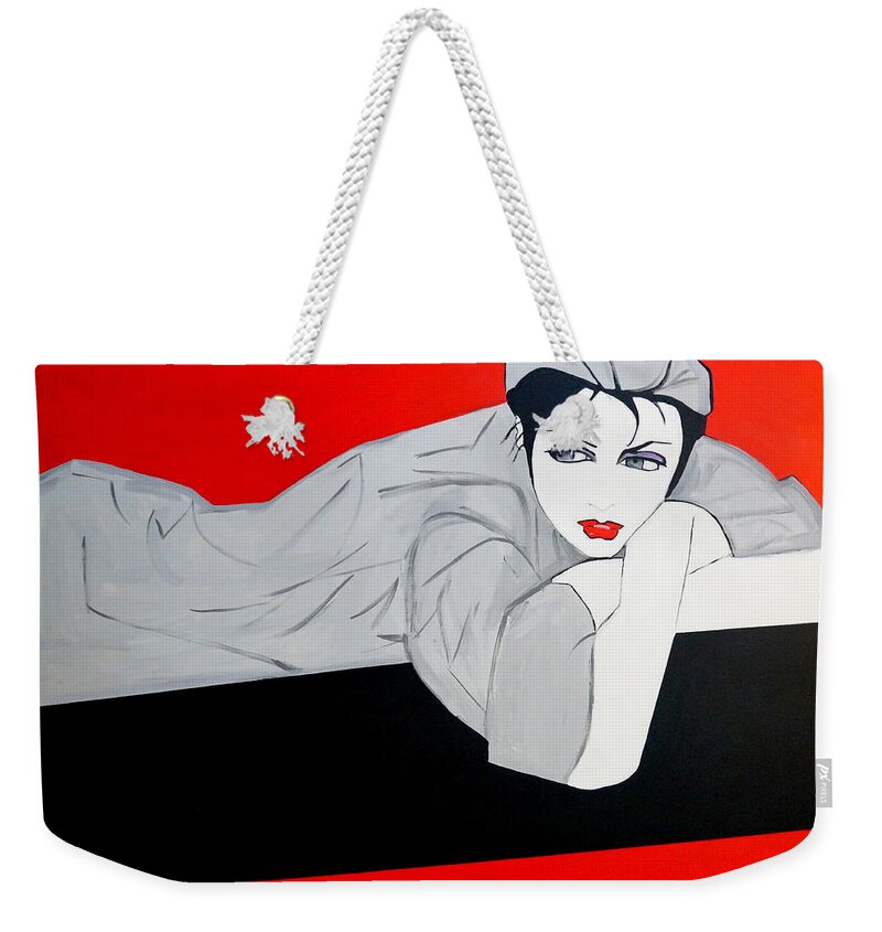 Art Deco Just Relaxing Weekender Tote Bag featuring the painting Just Relaxing by Nora Shepley