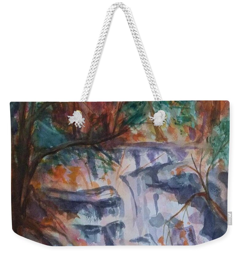 Waterfall Weekender Tote Bag featuring the painting Kaaterskill Falls in the Catskills by Ellen Levinson