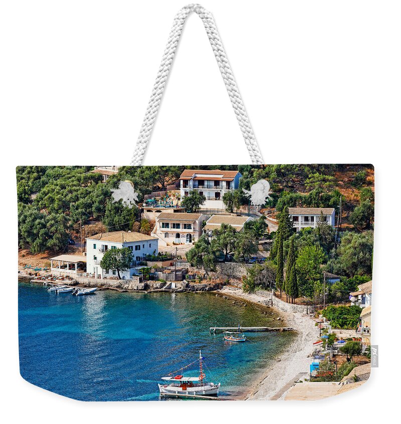 Kalami Weekender Tote Bag featuring the photograph Kalami village at Corfu - Greece by Constantinos Iliopoulos