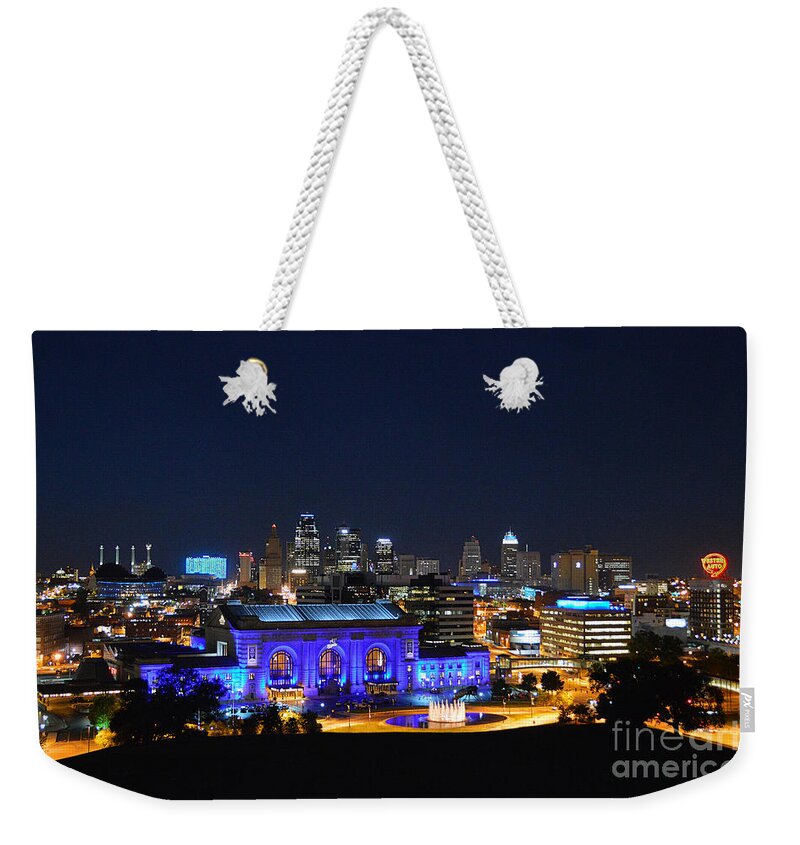 Union Station Weekender Tote Bag featuring the photograph Kansas City Union Station in Blue by Catherine Sherman
