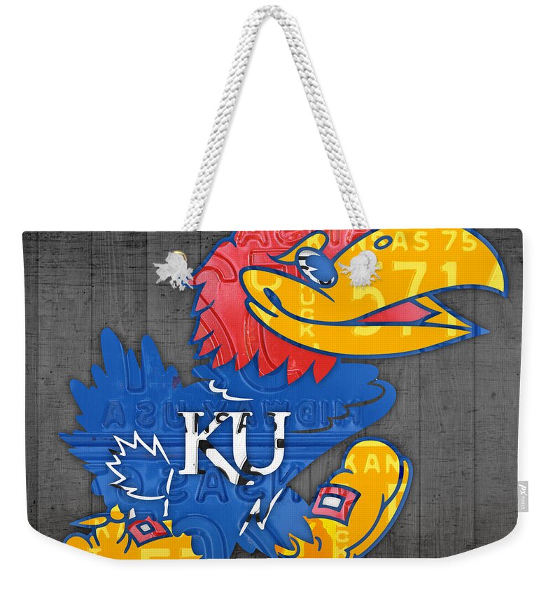 Kansas Weekender Tote Bag featuring the mixed media Kansas Jayhawks College Sports Team Retro Vintage Recycled License Plate Art by Design Turnpike