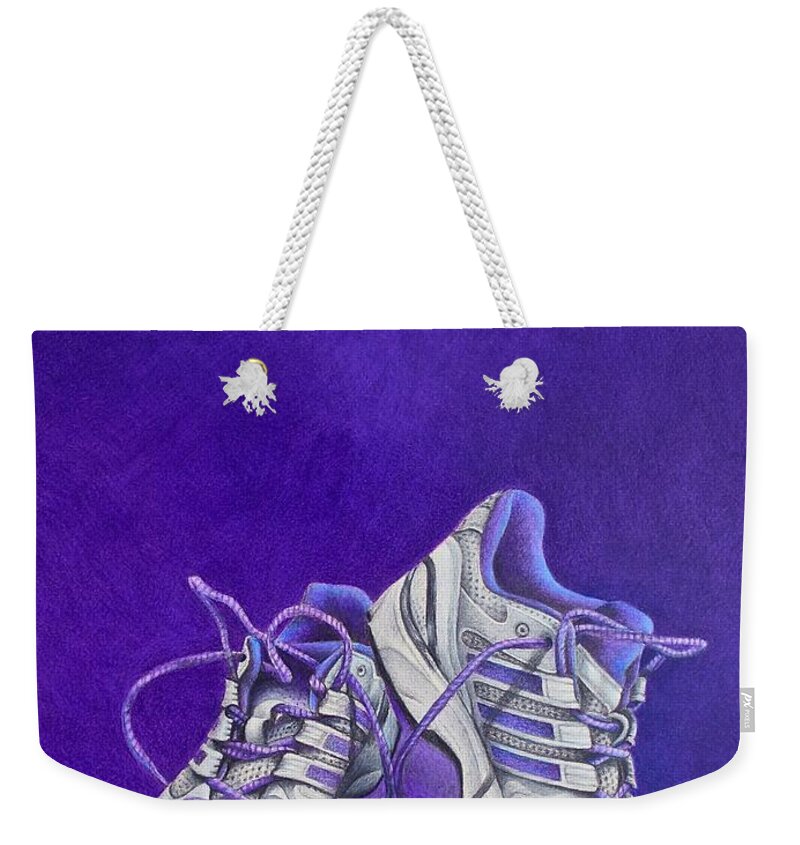 Running Weekender Tote Bag featuring the painting Karen's Shoes by Pamela Clements