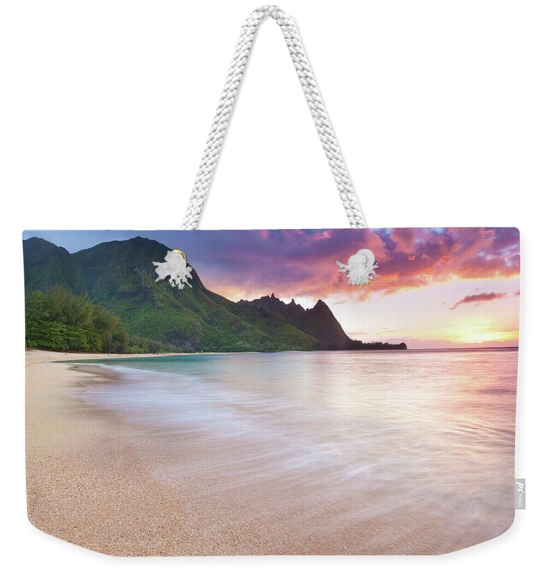 Summer Weekender Tote Bag featuring the photograph Kauai-tunnels Beach In Hawaii At Sunset by Wingmar
