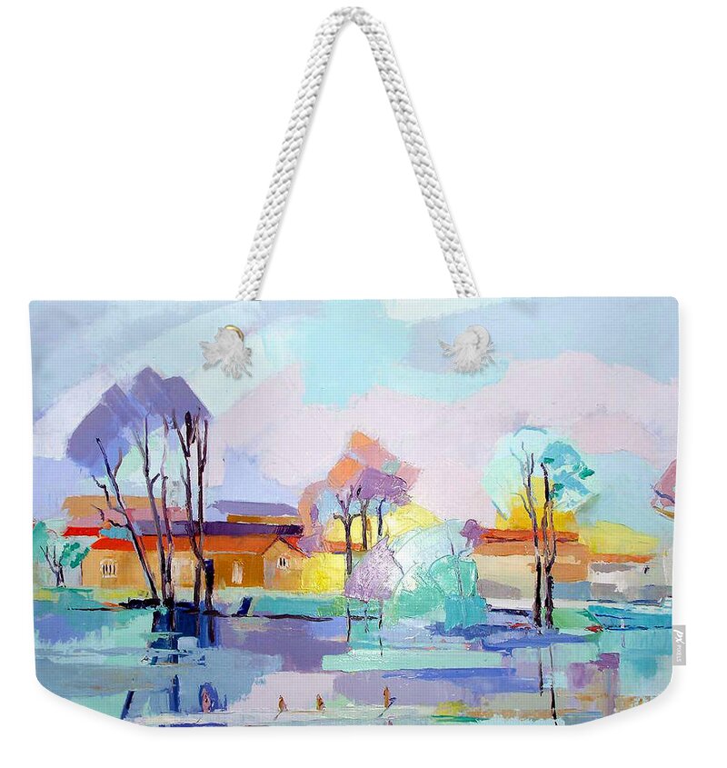Landscape Weekender Tote Bag featuring the painting Kayak club at Jarnac by Kim PARDON