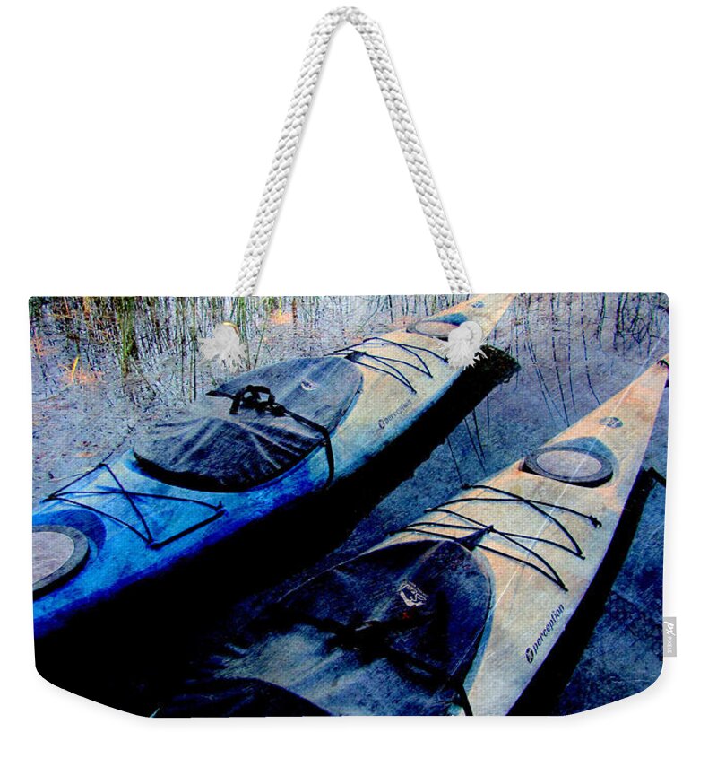 Kayak Weekender Tote Bag featuring the digital art Kayaks Resting w metal by Anita Burgermeister