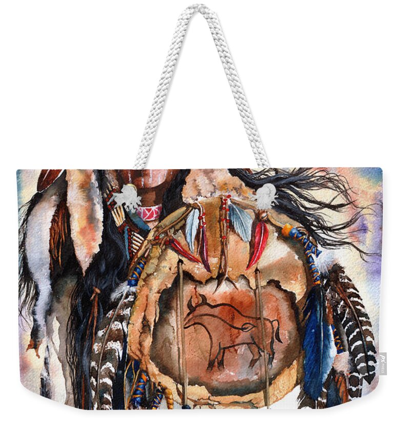 Native Weekender Tote Bag featuring the painting Keeper Of Legends by Peter Williams