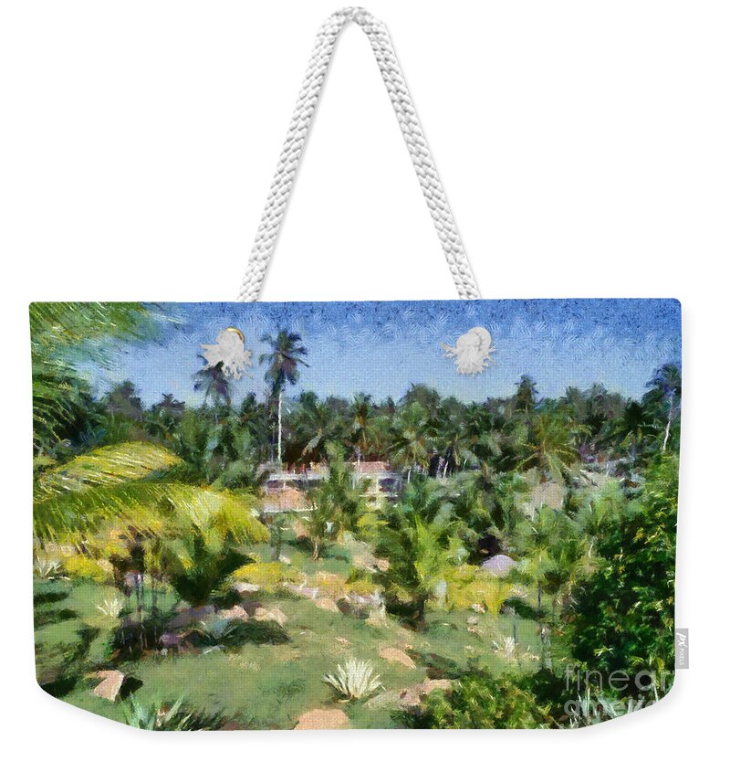 Landscape; Scenery; Scenic; Forest; Trees; India; Kerala; Asia; East; Eastern; Holidays; Vacation; Travel; Trip; Voyage; Journey; Tourism; Touristic; Paint; Painting; Paintings Weekender Tote Bag featuring the painting Kerala landscape by George Atsametakis