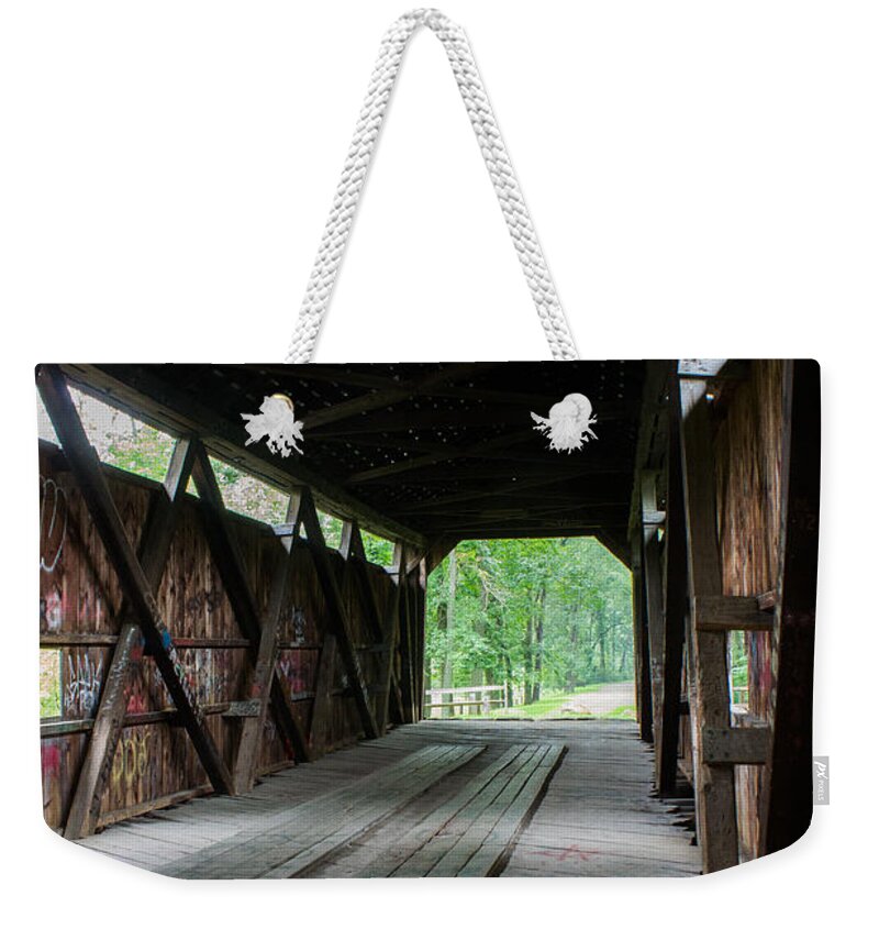 Covered Weekender Tote Bag featuring the photograph Kidd's Mill Covered Bridge by Weir Here And There