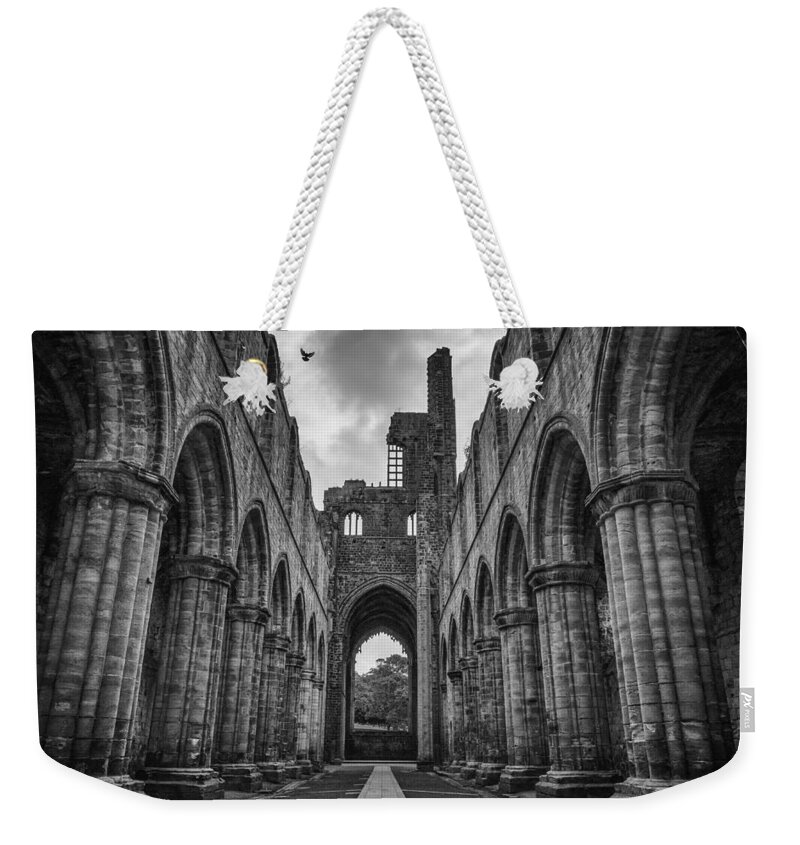 Kirkstall Weekender Tote Bag featuring the photograph Kirkstall Abbey BW by Pablo Lopez