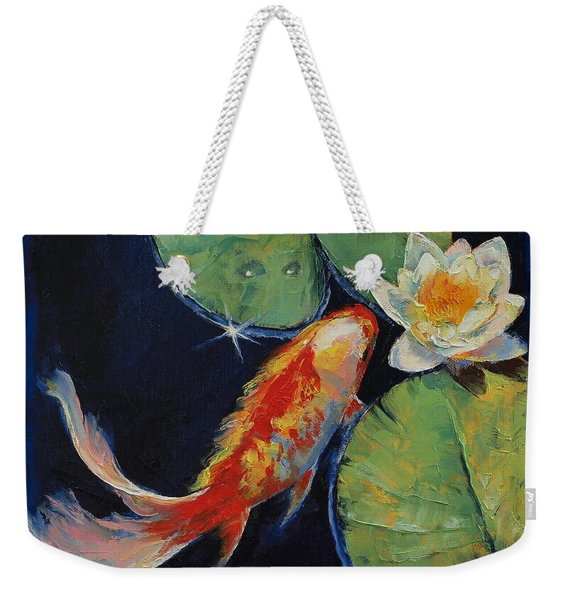 White Lily Weekender Tote Bag featuring the painting Koi and White Lily by Michael Creese