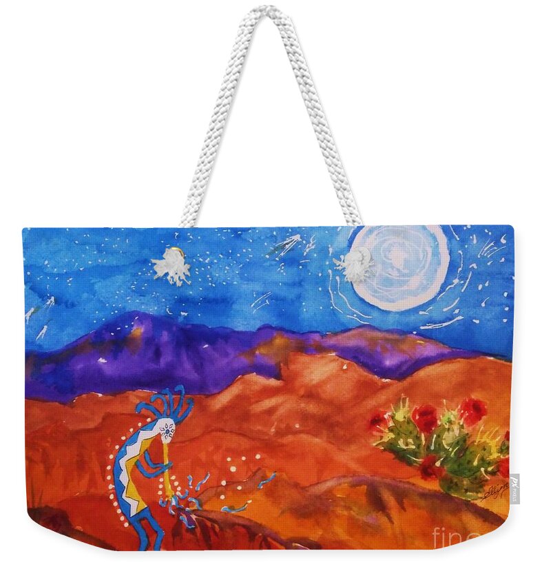Kokopelli Weekender Tote Bag featuring the painting Kokopelli Playing To The Moon by Ellen Levinson