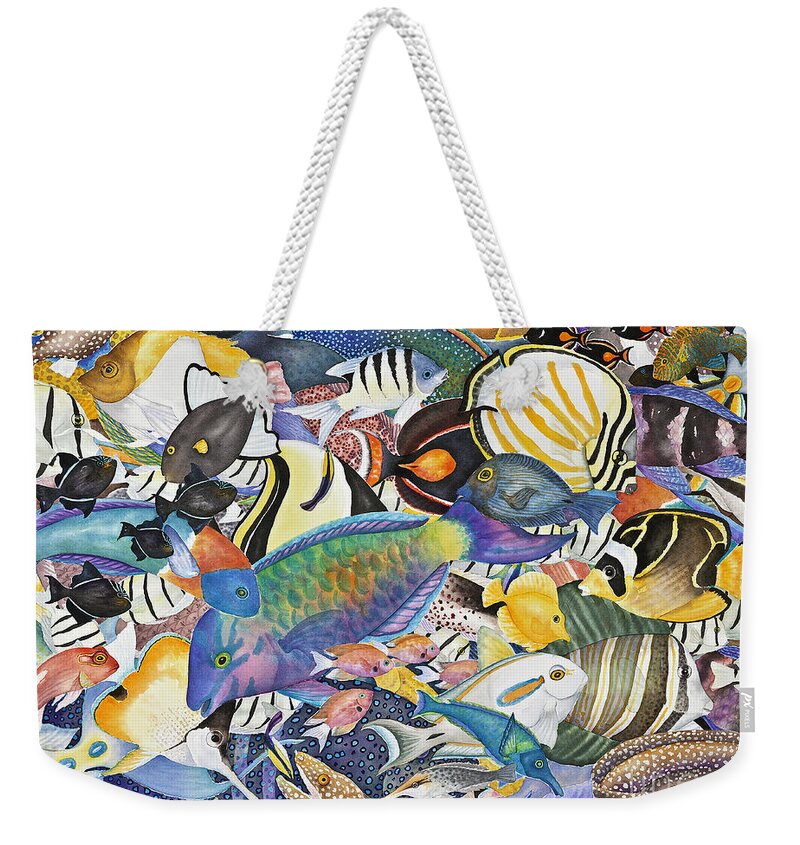 Fish Weekender Tote Bag featuring the painting Kona Crowd by Lucy Arnold
