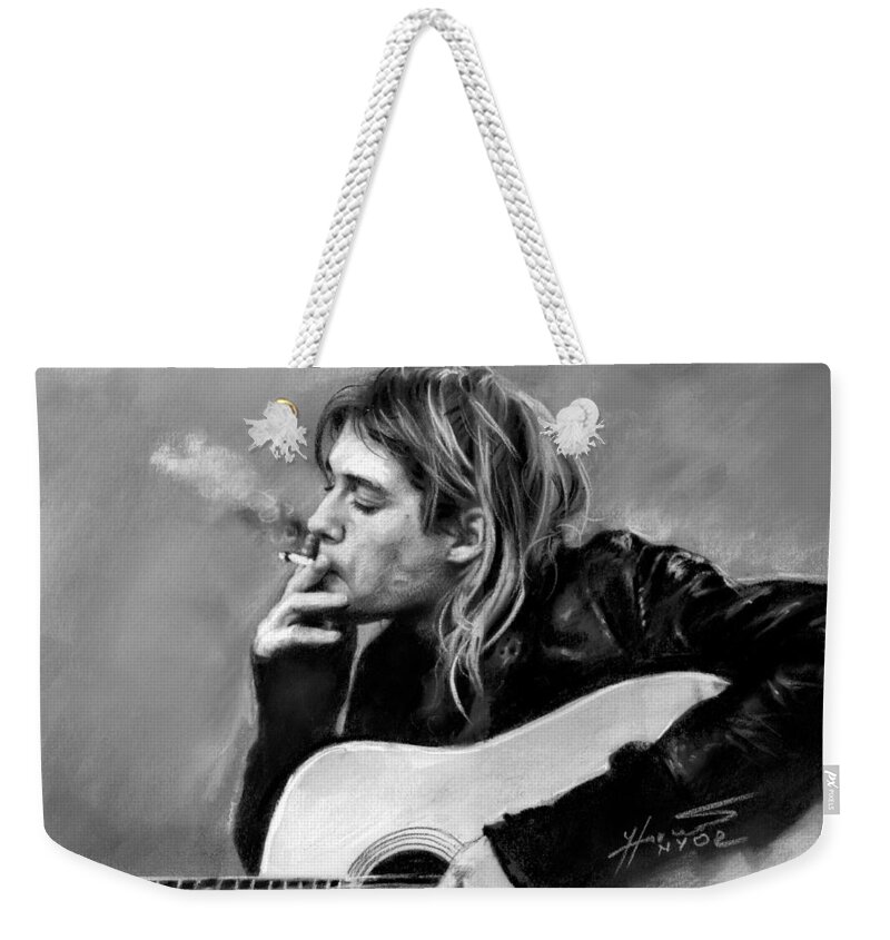 Kurt Cobain Weekender Tote Bag featuring the drawing Kurt Cobain guitar by Viola El