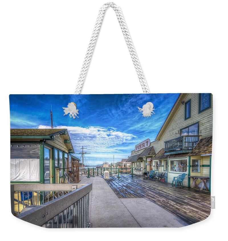 Sky Weekender Tote Bag featuring the photograph La Conner Pier 7 by Spencer McDonald