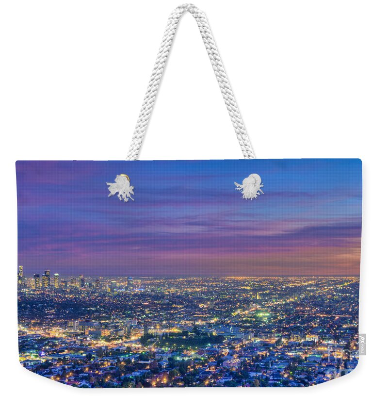 La Weekender Tote Bag featuring the photograph LA Fiery Sunset Cityscape Skyline by David Zanzinger