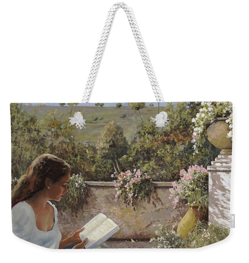 Read Weekender Tote Bag featuring the painting La Lettura All'ombra by Guido Borelli