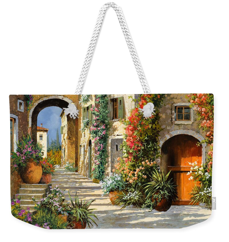 Landscape Weekender Tote Bag featuring the painting La Porta Rossa Sulla Salita by Guido Borelli