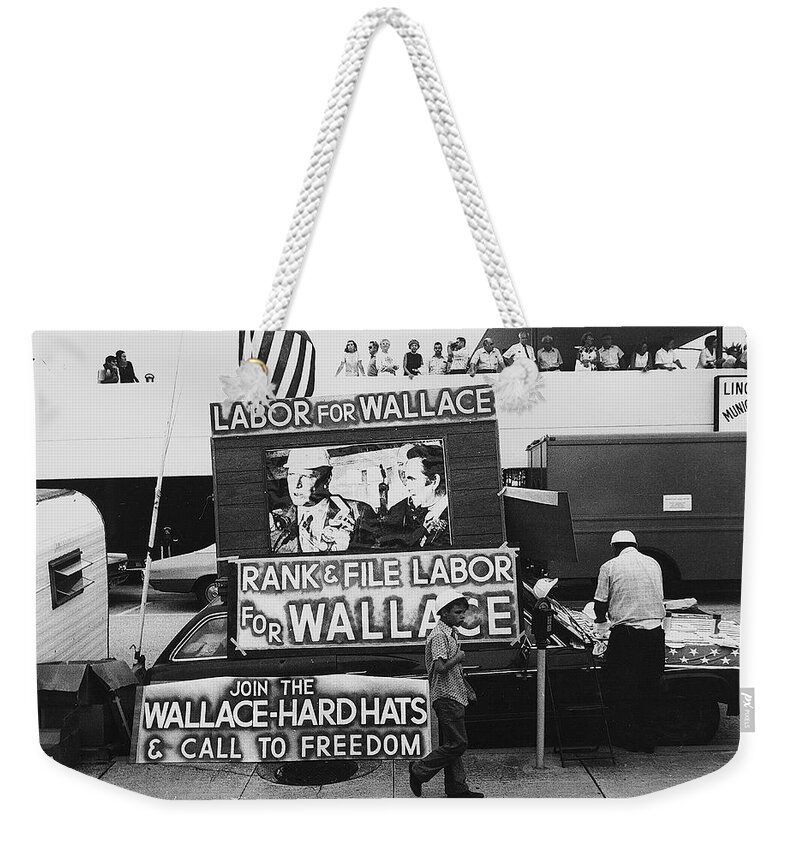 Labor For George Wallace Democratic Nat'l Convention Miami Beach Florida 1972 Black And White Weekender Tote Bag featuring the photograph Labor for George Wallace Democratic Nat'l Convention Miami Beach Florida 1972 black and white by David Lee Guss