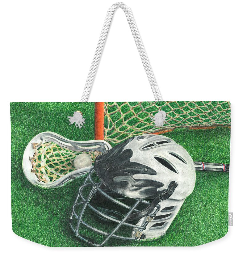 Lacrosse Weekender Tote Bag featuring the drawing Lacrosse by Troy Levesque
