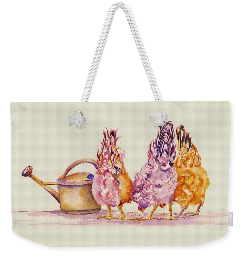 Chickens Weekender Tote Bag featuring the painting Hens - Ladies Who Lunch by Debra Hall