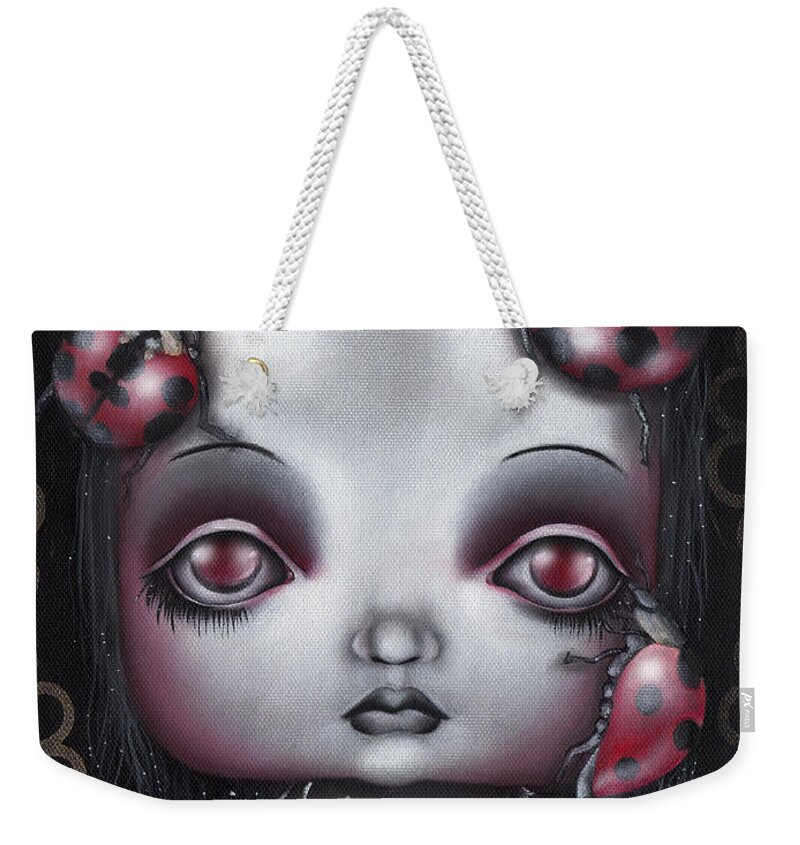 Lady Bug Weekender Tote Bag featuring the painting Lady Bug Girl by Abril Andrade