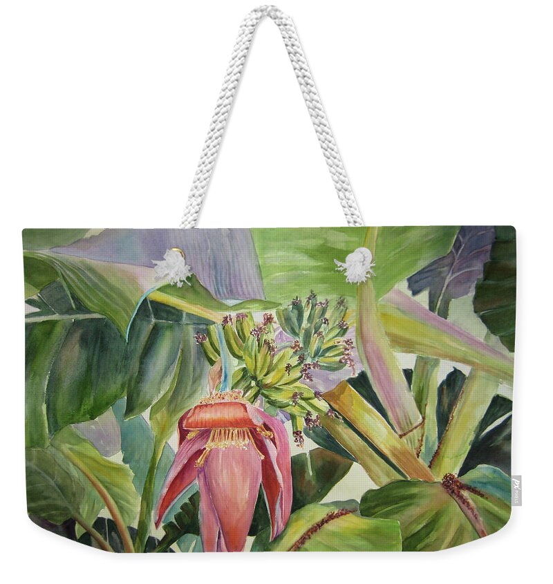Banana Tree Weekender Tote Bag featuring the painting Lady Fingers - Banana Tree by Roxanne Tobaison