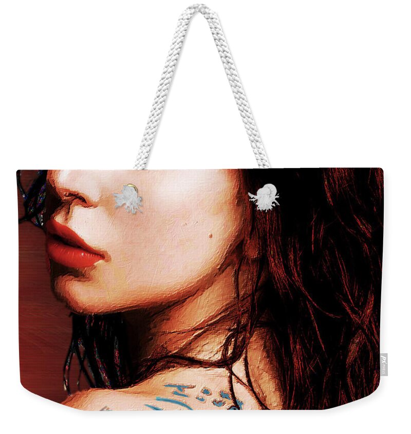 Lady Gaga Weekender Tote Bag featuring the painting Lady Gaga Blue Tattoo Close Up by Tony Rubino