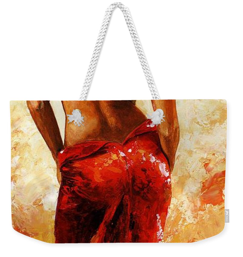 Lady Weekender Tote Bag featuring the painting Lady in red 27 by Emerico Imre Toth