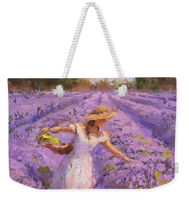 Lavender Art Weekender Tote Bag featuring the painting Woman Picking Lavender In A Field In A White Dress - Lady Lavender - Plein Air Painting by K Whitworth