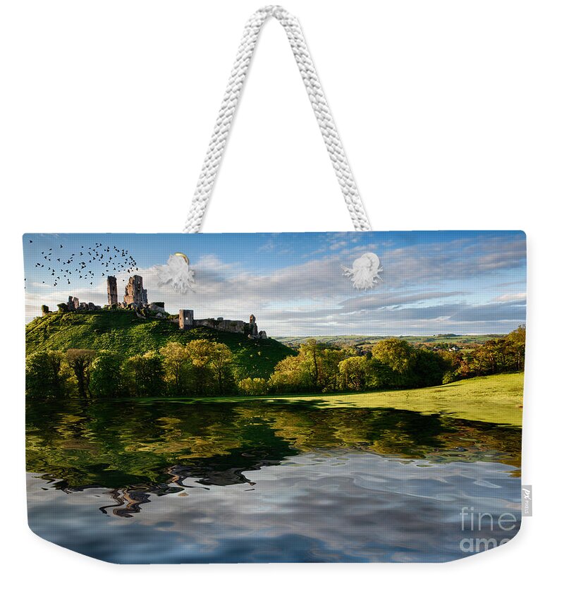 Landscape Weekender Tote Bag featuring the photograph Lake and hill with ruin landscape by Simon Bratt
