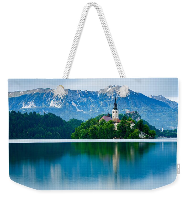 Bled Weekender Tote Bag featuring the photograph Lake Bled Island church by Ian Middleton