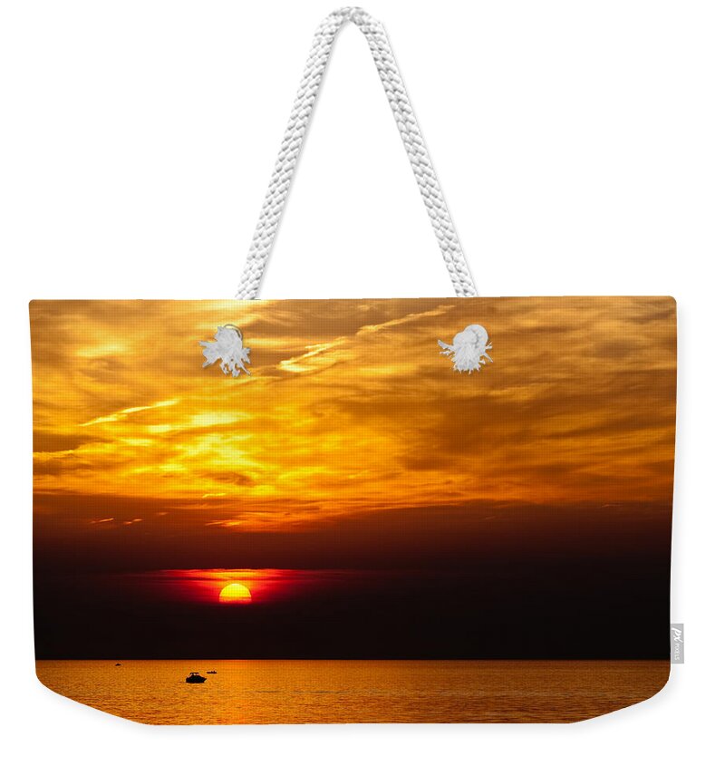 Cleveland Weekender Tote Bag featuring the photograph Lake Erie Sunset by Shannon Workman