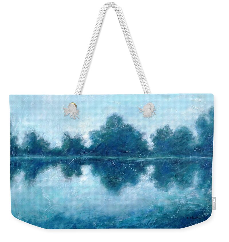 Lake Weekender Tote Bag featuring the painting Lake in the morning by Cristina Stefan