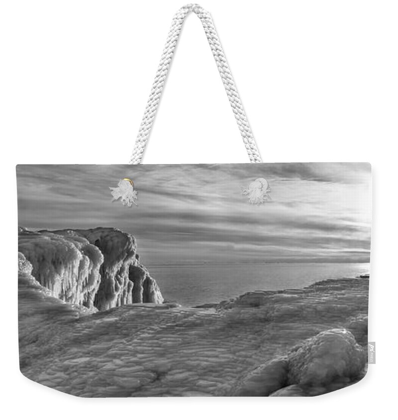 B& W Weekender Tote Bag featuring the photograph Lake Michigan Ice VI by Frederic A Reinecke