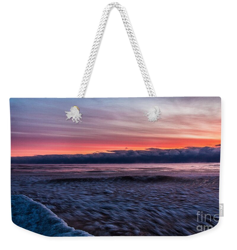 Clouds Weekender Tote Bag featuring the photograph Lake Michigan Icy Whirl by Andrew Slater