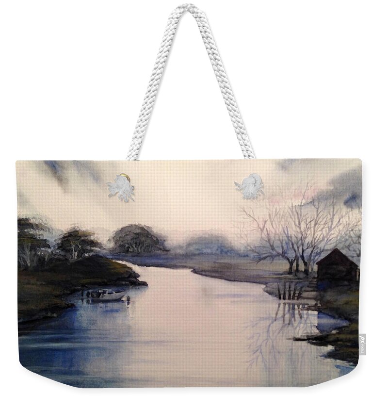 Sunrise Weekender Tote Bag featuring the painting Lake Sunset by Alban Dizdari