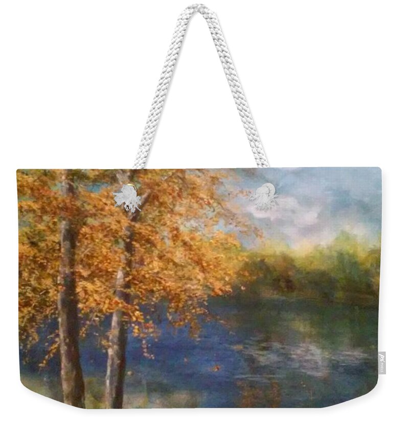 Fall Weekender Tote Bag featuring the painting Lakeside Fall by Lizzy Forrester