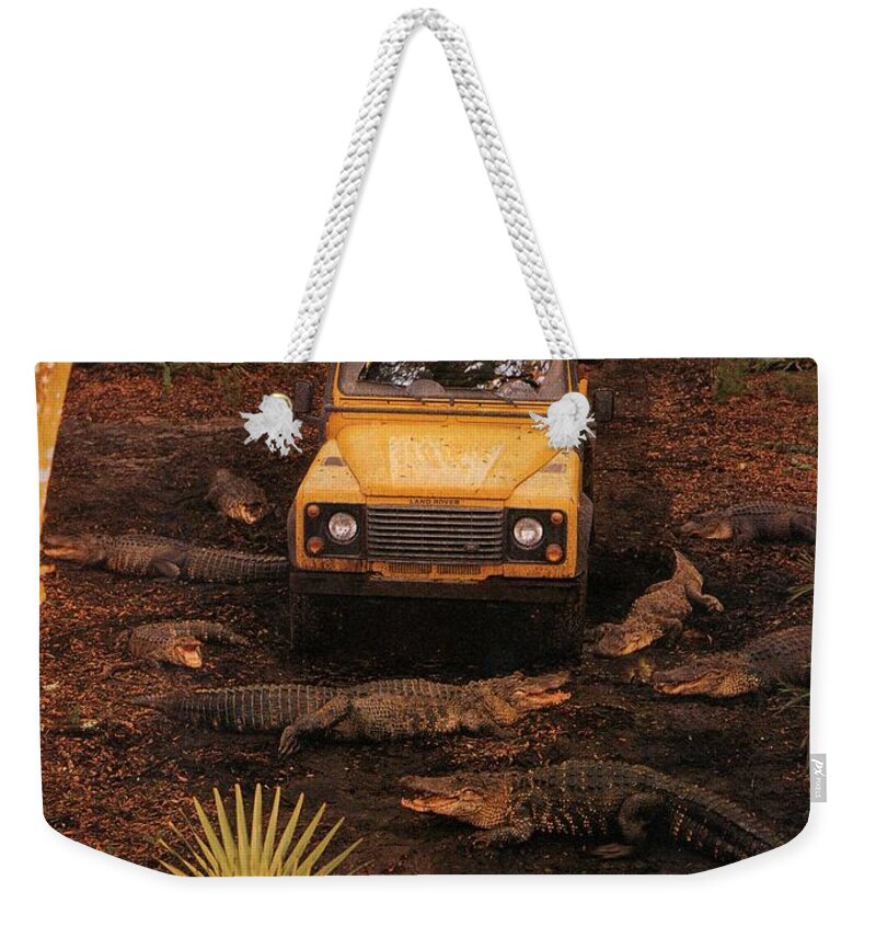 Landrover Weekender Tote Bag featuring the photograph Land Rover Defender 90 Ad by Georgia Fowler