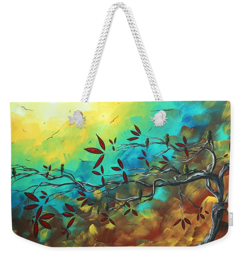 Abstract Weekender Tote Bag featuring the painting Landscape Bird Original Painting Family Time by MADART by Megan Aroon