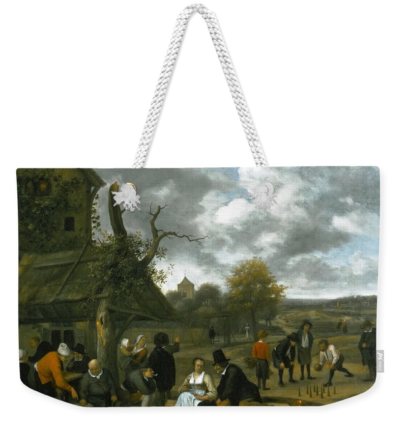 Jan Steen Weekender Tote Bag featuring the painting Landscape with an Inn and Skittles by Jan Steen