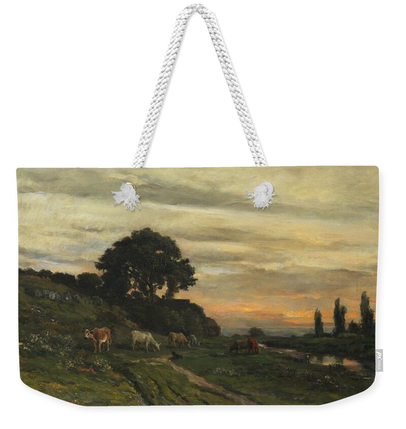 Charles-francois Daubigny Weekender Tote Bag featuring the painting Landscape with Cattle by a Stream by Charles-Francois Daubigny