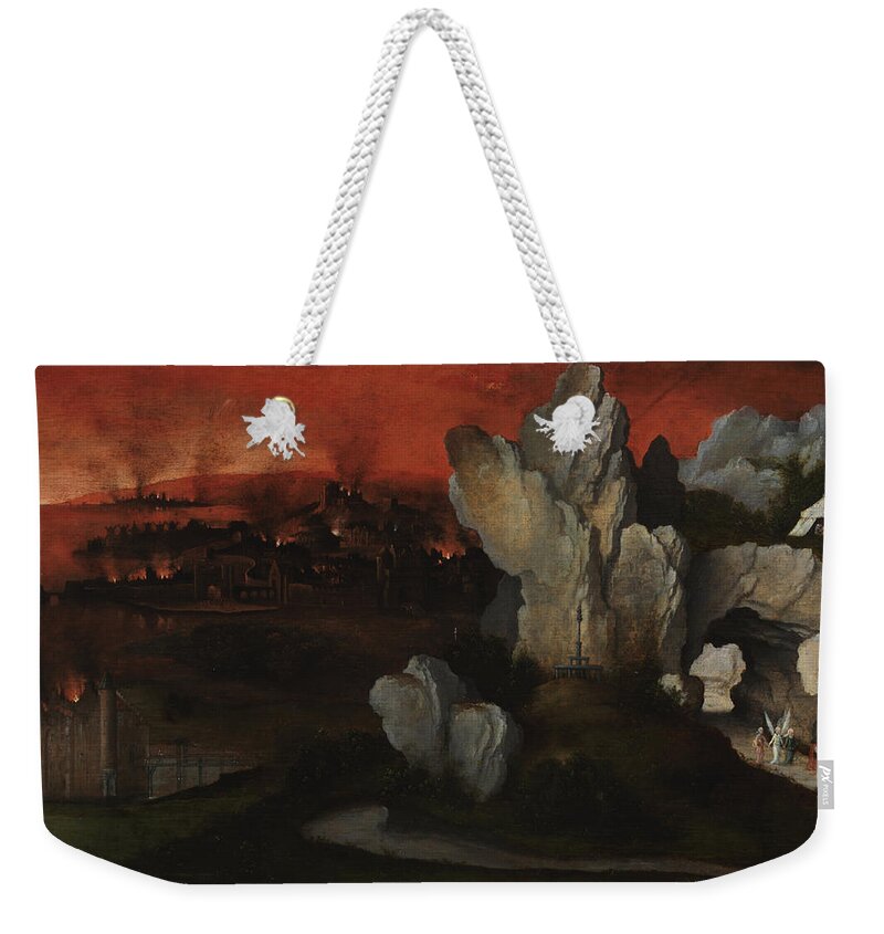 Joachim Patinir Weekender Tote Bag featuring the painting Landscape with the Destruction of Sodom and Gomorrah by Joachim Patinir