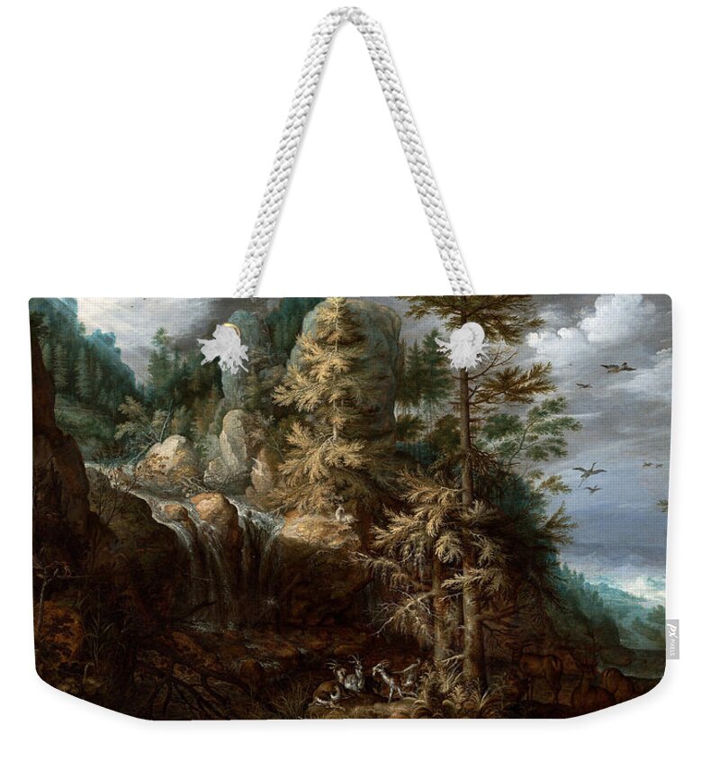 Roelant Savery Weekender Tote Bag featuring the painting Landscape with the Temptation of Saint Anthony by Roelant Savery