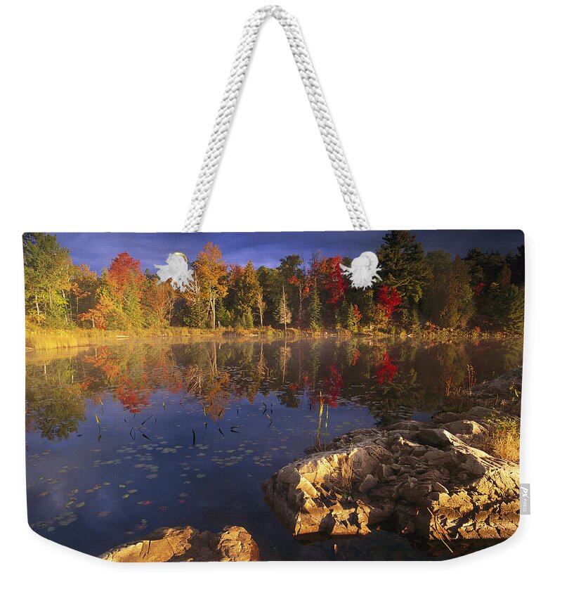 Feb0514 Weekender Tote Bag featuring the photograph Lang Lake Fall Colors Ontario Canada by Tim Fitzharris