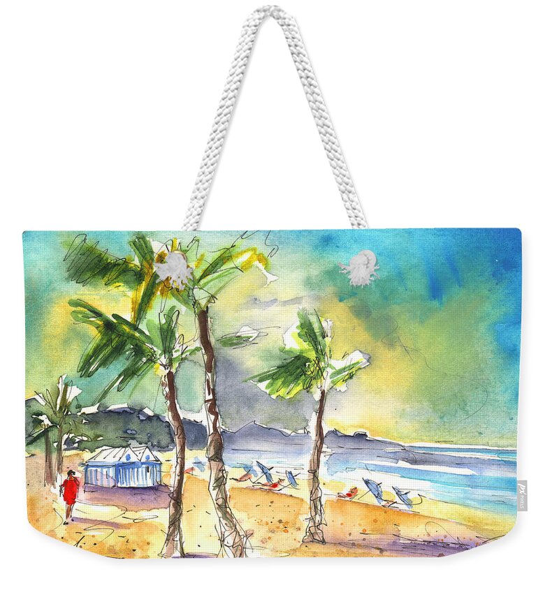Travel Weekender Tote Bag featuring the painting Las Canteras Beach in Las Palmas de Gran Canaria by Miki De Goodaboom