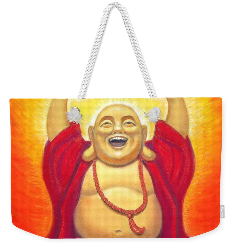 Buddha Weekender Tote Bag featuring the pastel Laughing Rainbow Buddha by Sue Halstenberg