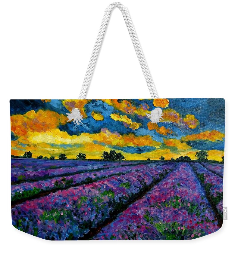 Lavender Field Weekender Tote Bag featuring the painting Lavender Fields At Dusk by Julie Brugh Riffey