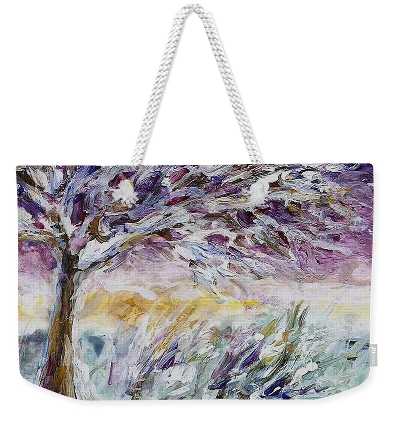 Landscape Weekender Tote Bag featuring the painting Lavender Morning by Mary Wolf