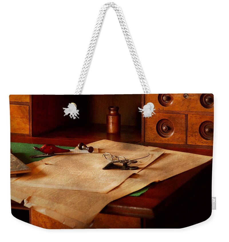 Optician Weekender Tote Bag featuring the photograph Lawyer - Optician - Reading the fine print by Mike Savad