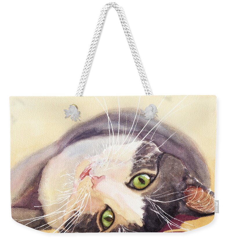 Cat Weekender Tote Bag featuring the painting Lazy Kitty by Greg and Linda Halom